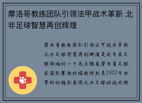 摩洛哥教练团队引领法甲战术革新 北非足球智慧再创辉煌