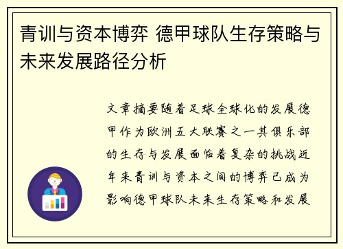 青训与资本博弈 德甲球队生存策略与未来发展路径分析