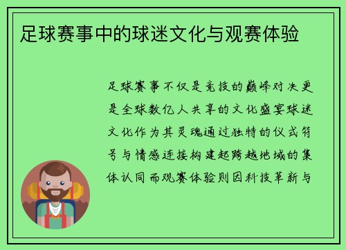 足球赛事中的球迷文化与观赛体验