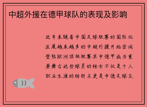 中超外援在德甲球队的表现及影响