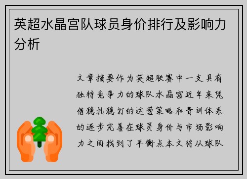 英超水晶宫队球员身价排行及影响力分析